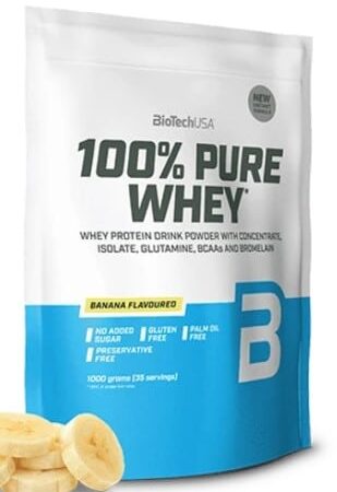 Protéine whey saveur banane, sans sucre ajouté.