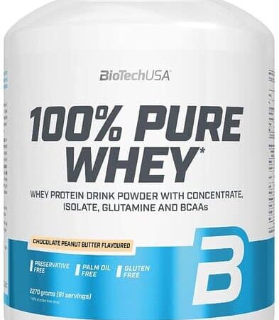 Pot de whey protéine 100% pure, saveur chocolat-cacahuète.