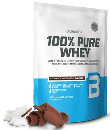 Protéine whey, saveur coco-chocolat, sans sucre ajouté.