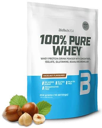 Protéine whey pure saveur noisette, sans sucre/gluten.