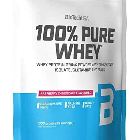 Poudre de whey pure saveur cheesecake framboise.