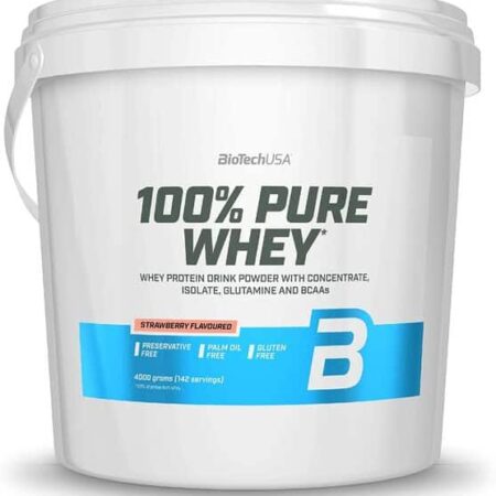 Pot de whey protéine fraise, sans gluten.