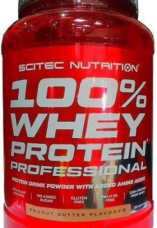 Pot de whey protéiné Scitec Nutrition, goût beurre de cacahuète.