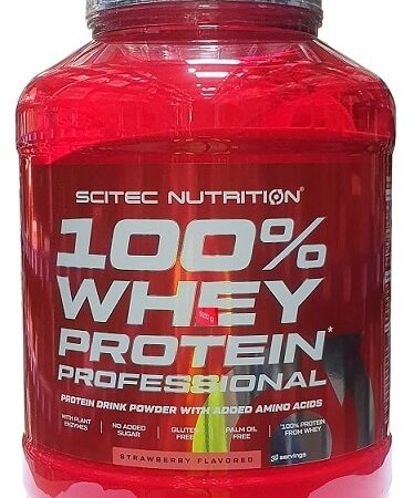Pot de protéine Whey fraise Scitec Nutrition.