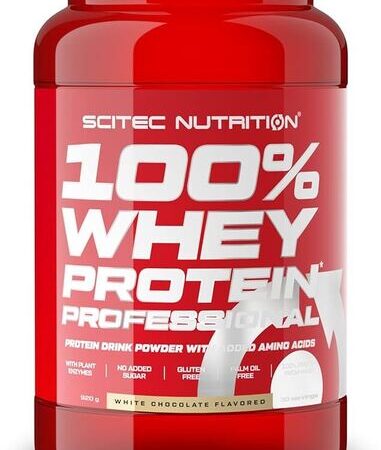 Pot de protéine whey Scitec Nutrition, chocolat blanc.