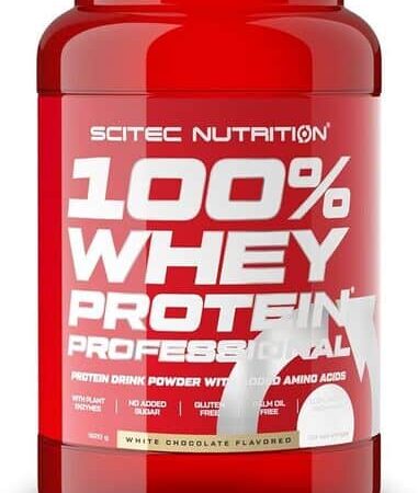 Pot de protéine whey Scitec Nutrition, chocolat blanc.