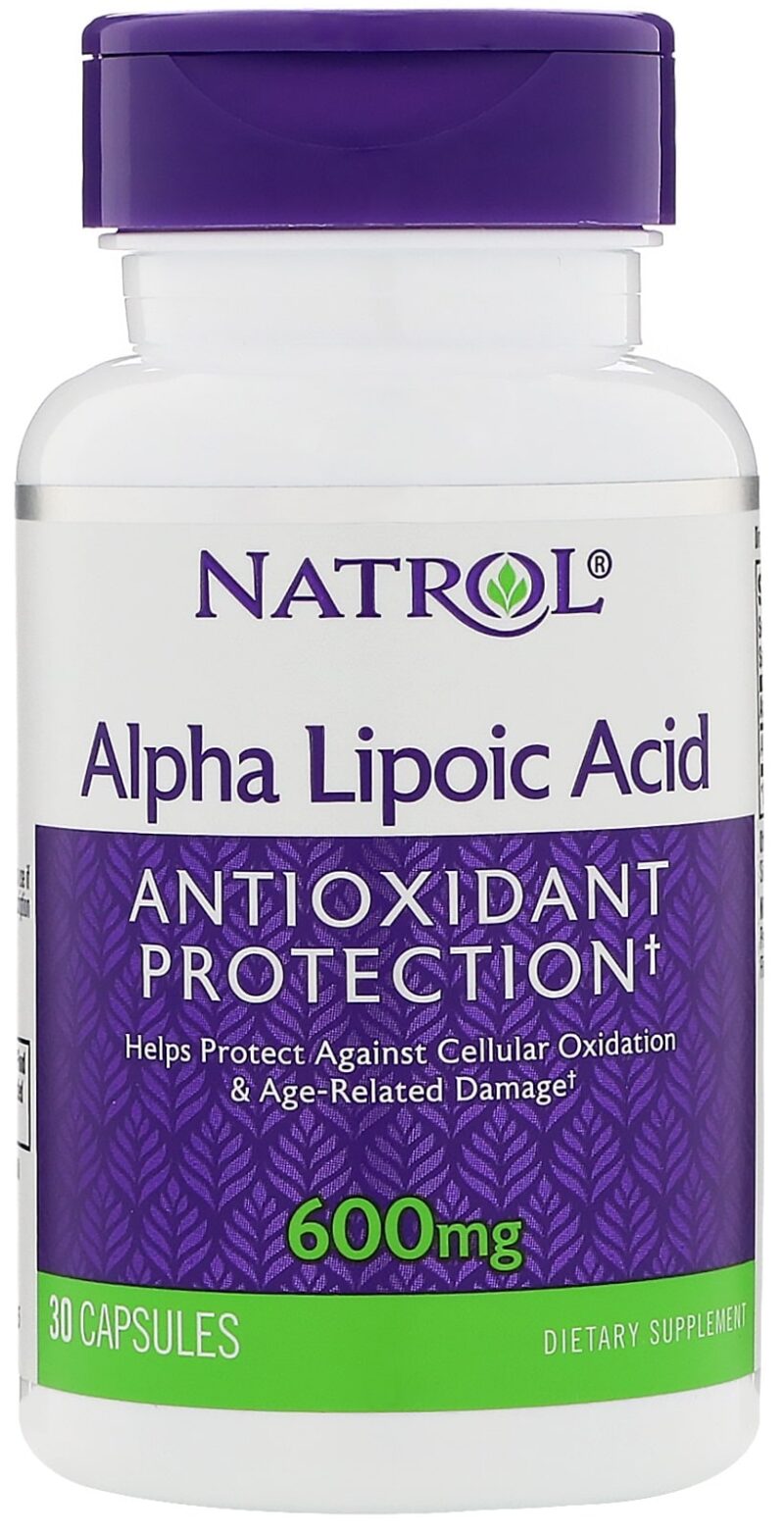 Flacon Natrol Acide Alpha-Lipoïque 600mg, complément antioxydant.