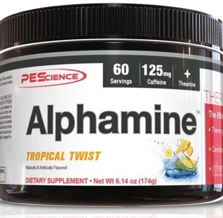 Pot de complément alimentaire Alphamine goût tropical.