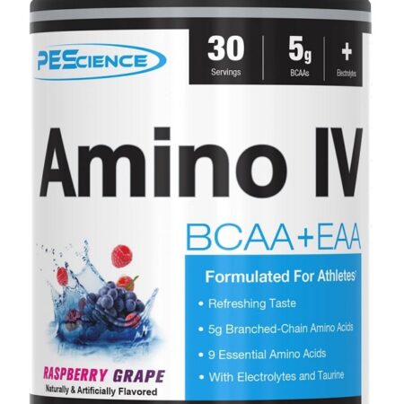 Pot de complément alimentaire BCAA et EAA, goût framboise raisin.