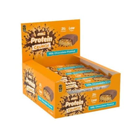 Boîte de barres protéinées chocolat cacahuète.