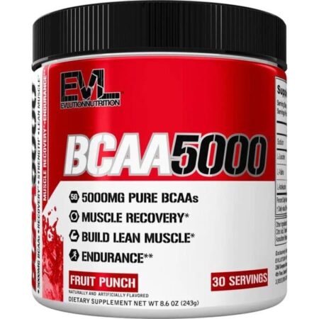 Pot de BCAA 5000 complément musculation goût fruité.