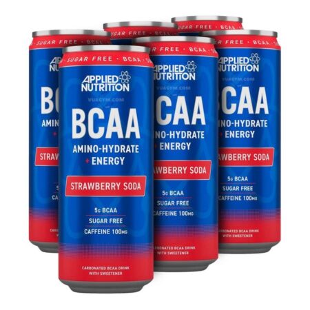 Canettes BCAA soda énergie fraise sans sucre.