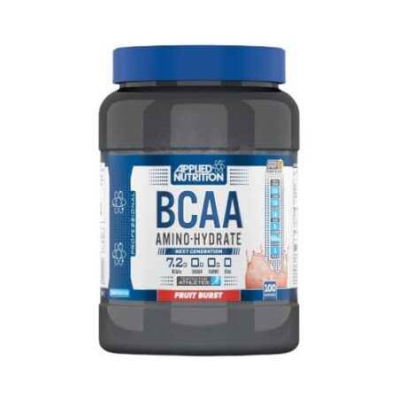 Pot de BCAA complément alimentaire musculation, saveur fruitée.
