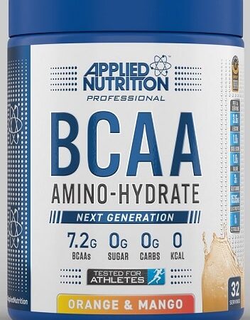 Pot de complément BCAA orange et mangue.