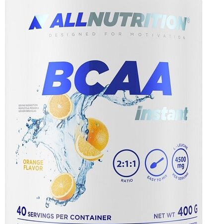 Pot de BCAA saveur orange, complément nutritionnel.