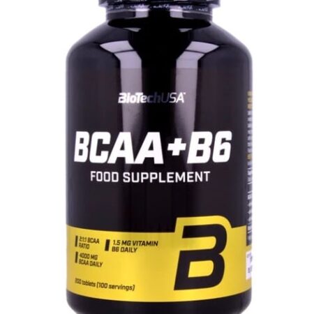 Complément alimentaire BCAA+Vitamine B6, flacon noir et jaune.