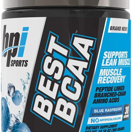 Pot de BCAA bleu, complément alimentaire, récupération musculaire.