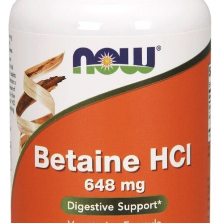Flacon de Betaine HCI NOW, complément végétarien digestif.