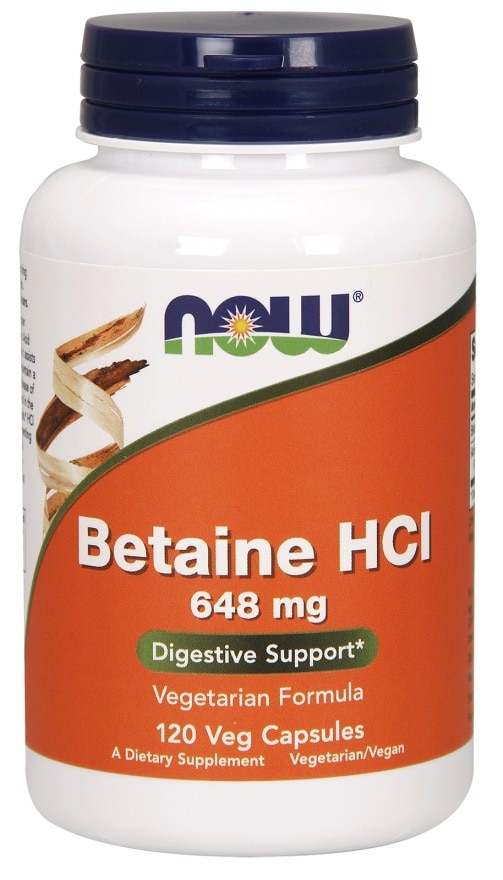 Flacon de Betaine HCI NOW, complément végétarien digestif.
