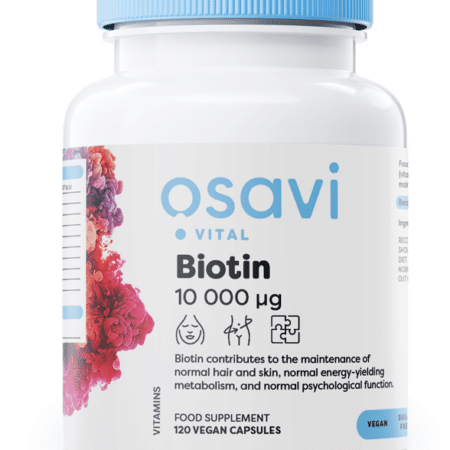 Flacon de biotine QSAVI, complément alimentaire végan.