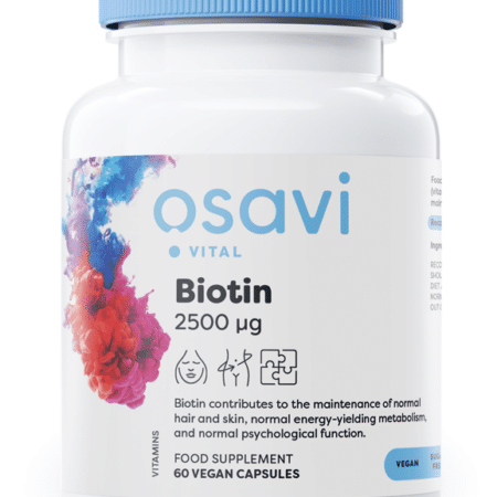 Bouteille de complément alimentaire végan à la biotine.