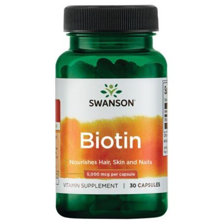Supplément Biotine Swanson pour cheveux, peau et ongles.