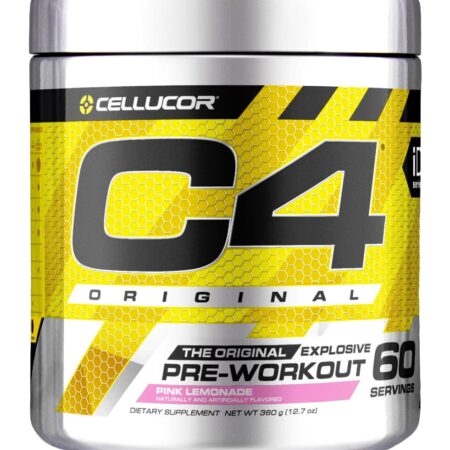 Pot de pré-entraînement C4, saveur limonade rose.