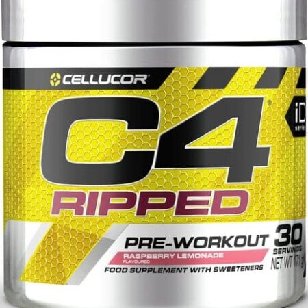 Pot de supplément pré-entraînement C4 Ripped, saveur framboise.