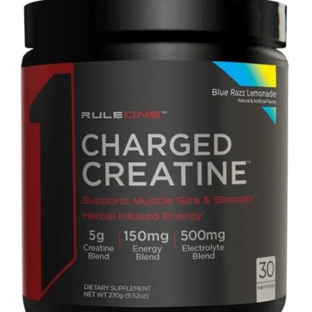 Pot de créatine chargée, complément alimentaire, force musculaire.