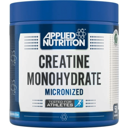 Pot de créatine monohydrate micronisée, nutrition sportive.