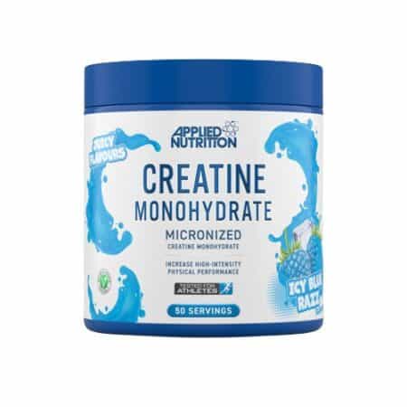 Pot de créatine monohydrate, supplément de musculation, saveur framboise.