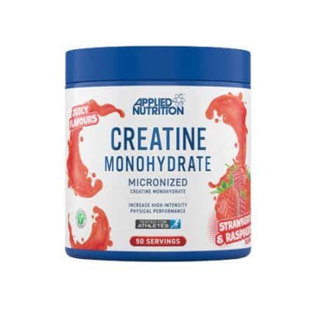 Pot de créatine monohydratée fraise framboise, nutrition sportive.