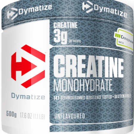 Pot de créatine monohydrate, supplément sportif, sans gluten.