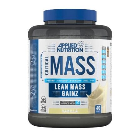 Pot de complément masse musculaire vanille.