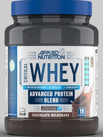 Pot de protéine whey chocolat, complément sportif.