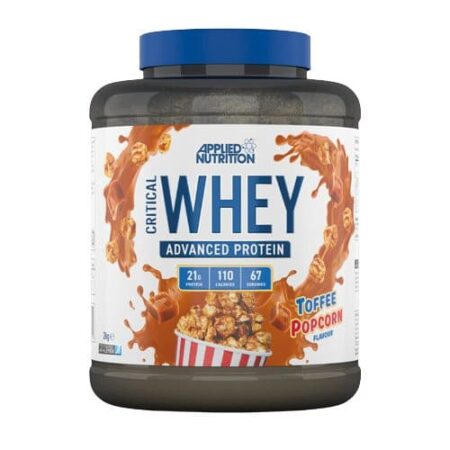 Pot de protéine Whey saveur toffee popcorn.