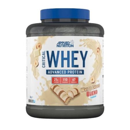 Pot de whey protéine goût chocolat blanc.