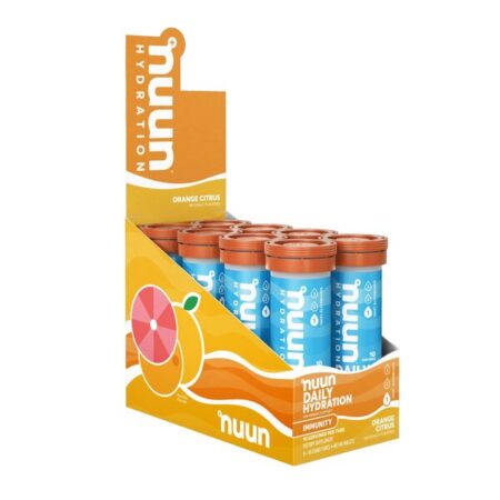 Comprimés effervescents hydratation Nuun orange citron.