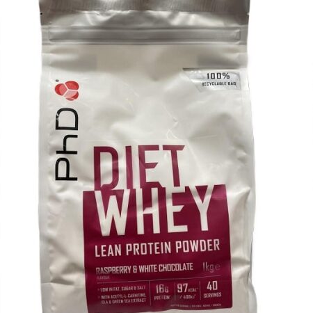 Paquet de protéine Whey diététique, framboise et chocolat blanc.