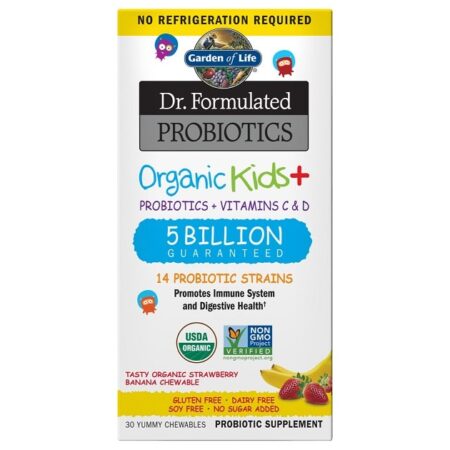 Compléments probiotiques bio pour enfants, vitamines C et D.