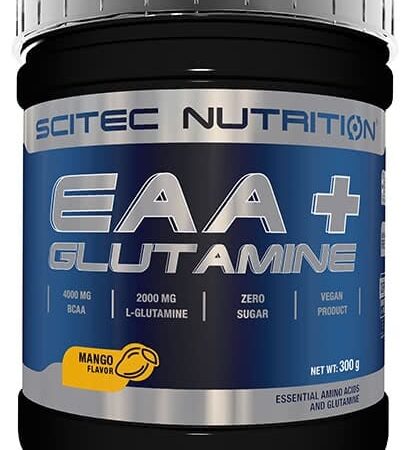 Pot de complément alimentaire EAA+Glutamine, saveur mangue.