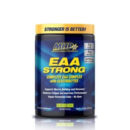 Pot de compléments alimentaires EAA Strong, saveur citron.