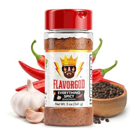 Assaisonnement épicé "FlavorGod" avec piments et ail.