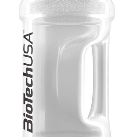 Bouteille d'eau BiotechUSA transparente et ergonomique.