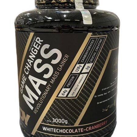 Pot de gainer Mass chocolat blanc-cranberry.