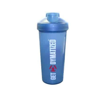 Shaker bleu pour compléments alimentaires Dymatize.