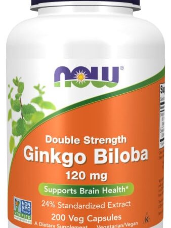 Supplément Ginkgo Biloba 120mg NOW, 200 capsules végétales.