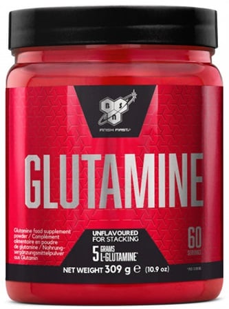 Pot de complément alimentaire Glutamine en poudre.