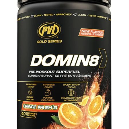 Pot de complément pré-entraînement DOMIN8, saveur orange.