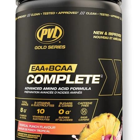 Pot de complément EAA+BCAA, saveur punch tropical.